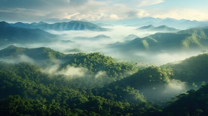  a view of a mountain range covered in fog and low lying clouds in the foreground, with trees in the foreground, and low lying clouds in the foreground.