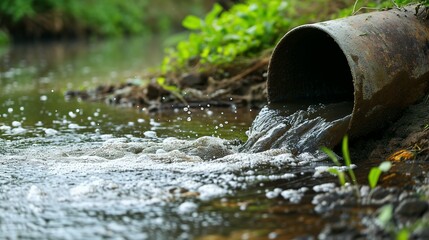 Wastewater pollution, industrial pipe, sewage, dirty water leakage into the river, environment, ecology and pollution concept - obrazy, fototapety, plakaty