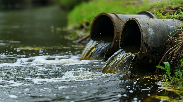 Wastewater pollution, industrial pipe, sewage, dirty water leakage into the river, environment, ecology and pollution concept