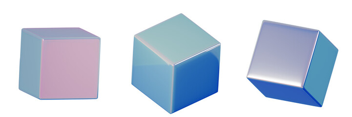 3d Set Geometry shape Cube iridescent Abstract Metallic Color, realistic rendering element design