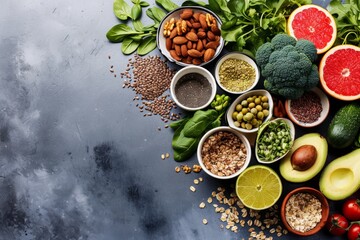 A selection of fruits, vegetables, seeds, superfoods, cereals, and leafy greens showcased on a gray concrete background generative ai