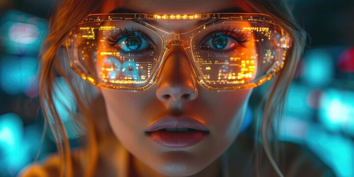 Young woman wearing modern shape glasses surfing a VR world