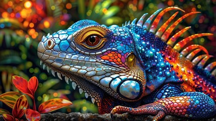 close up of a colorful iguana