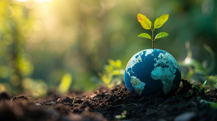 A globe sprouting a young sapling on top, representing growth and renewal, green Planet, dynamic and dramatic compositions, with copy space