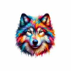 portrait of a colorful wolf in oil painting style on white backgrouund