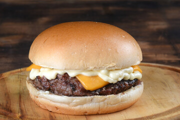sandwich burger meat with cheddar cheese mayonnaise salad brioche bread street fast food