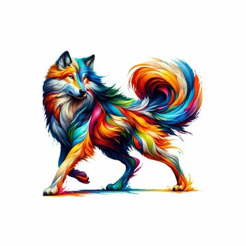 illustration of a colorful wolf on oil painting style