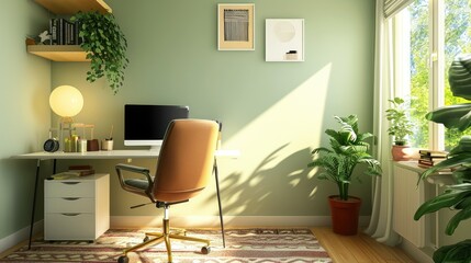 Interior, small home office with desk, chair and computer, sage green and amber color 