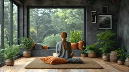 woman in a yoga pose in front of a picture window - obrazy, fototapety, plakaty