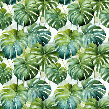 Seamless pattern with watercolor monstera leaves