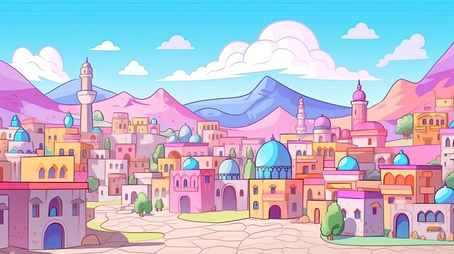cartoon illustration  colorful fantasy cityscape. Majestic buildings with intricate designs, adorned with domes and spires of various shapes, are painted in a palette of bright colors