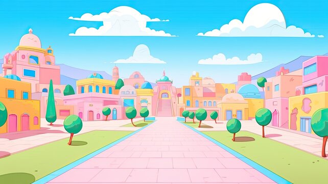 cartoon illustration  colorful fantasy cityscape. Majestic buildings with intricate designs, adorned with domes and spires of various shapes, are painted in a palette of bright colors