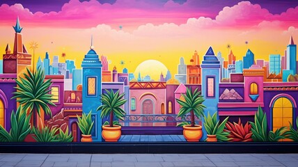 cartoon illustration Vibrant city with historic palaces and gardens.