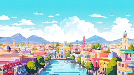cartoon illustration Vibrant city with historic palaces and gardens. Harmonious Blend of Tradition and Modernity - obrazy, fototapety, plakaty