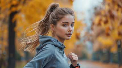 beautiful girl with a ponytail in sportswear and a sweatshirt on a morning jog in the park, healthy lifestyle, young woman running, street, city, sport, workout