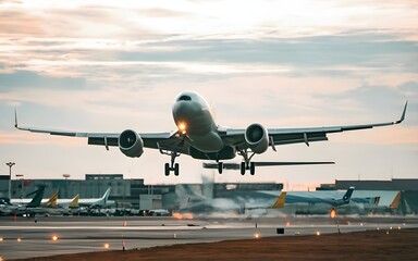 Obraz premium Airplane taking off from the airport, aircraft take off against a sunset