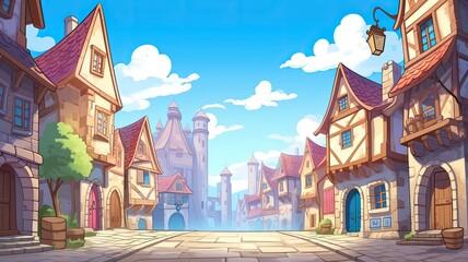 cartoon illustration Medieval town street with old buildings by the day. - obrazy, fototapety, plakaty