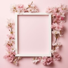 Pink Flowers Surround White Frame on Pink Background