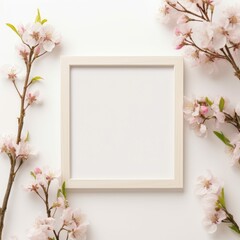White Frame With Pink Flowers on White Background