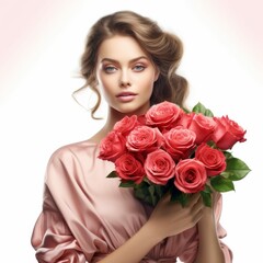 Woman Holding Bouquet of Red Roses