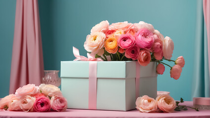 Beautiful bouquet ranunculus flowers, gift box on the table