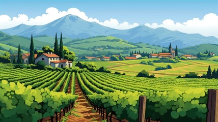 Fototapeta premium cartoon Rolling vineyards, wineries, and picturesque countryside.
