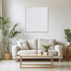 Contemporary living room setup featuring a cozy white sofa, potted plants, and a blank frame on the wall.