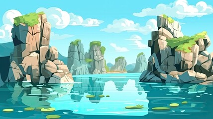 cartoon illustration Limestone formations and turquoise lagoons.