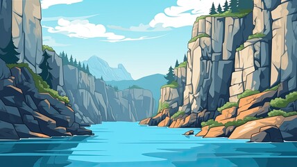 cartoon illustration landscape of a mountainous region. A calm and clear blue river flows between two rocky cliffs adorned with greenery
