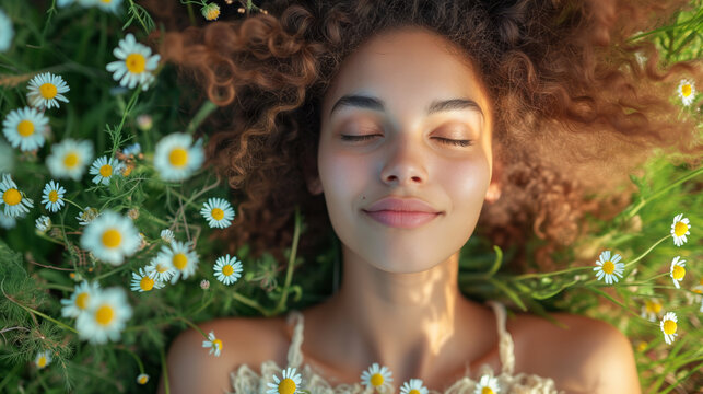 A tranquil image of a young woman with curly hair lying in a field of daisies, face close up directly above