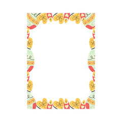 Easter egg rectangle frame design. Easter holiday egg hunt border in colorful flat style with heart cake. Retro wreath. Stock vector illustration card