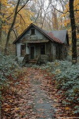 Fototapeta na wymiar An old gloomy lost house in the woods in the wilderness