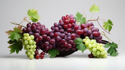  a bunch of grapes sitting next to a bunch of green grapes on top of a wooden bowl on top of a table.