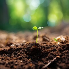 A young sprout in the soil. The concept of agriculture, organic gardening, landscaping or ecology. growing seedlings.