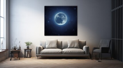  a living room with a couch and a painting of a moon in the middle of the room on the wall.