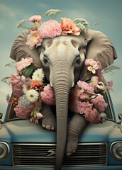 An elephant holding bunch of flowers, creative holiday greeting card design, Valentine day concept
