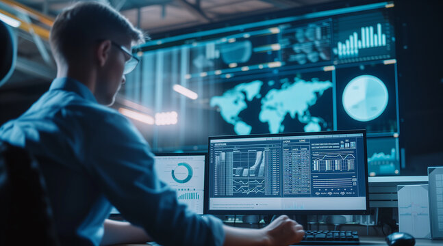 Logistics analyst examining logistics data chart, Supply chain optimization and evaluating logistical information for operational efficiency goals and risk mitigation, Approach for logistical
