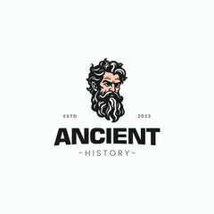 Old Beard Man Mustache Drawing Hand Drawn like Zeus Neptune Poseidon Triton Jupiter Face Greek God Mythology King illustration logo design