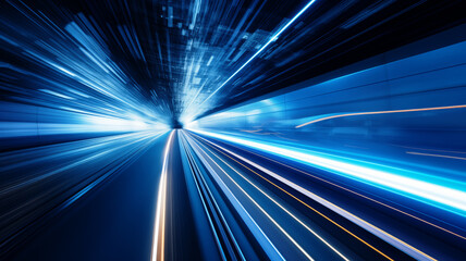 a hypermodern aerodynamic high speed train races through the night, abstract light trails background - 718404369