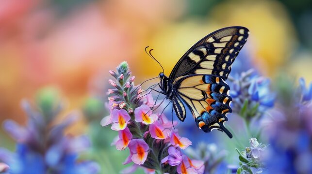 a flower garden with a large colorful butterfly 