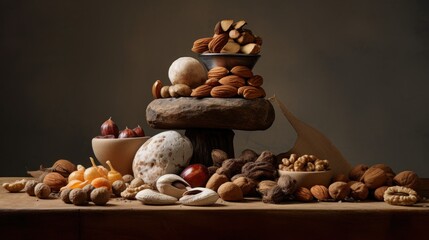 Fototapeta na wymiar a pile of assorted nuts sitting on top of a table next to a bowl of fruit and a bowl of nuts.