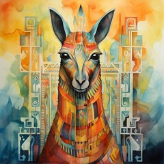 A painting of a llama wearing a colorful scarf