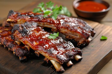 Grilled pork bbq ribs served with cherry tomatoes, basil and barbeque sauce on wooden cutting board on wood board.