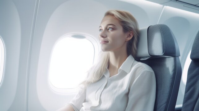 Generative AI image of a female, sitting on the aisle seat on a plane, pure white background