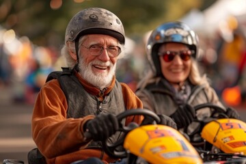 A couple of cheerful elderly people go karting - obrazy, fototapety, plakaty