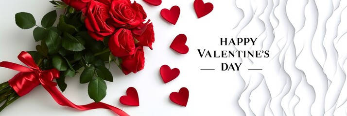 White background, pink roses, red hearts, Happy Valentine's Day text.