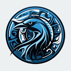 A blue and black eagle emblem on a white background