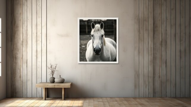  a white horse standing in a room next to a wooden table and a wall with a picture of a white horse on it.