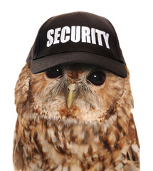 Owl with a security guard hat on a transparent background