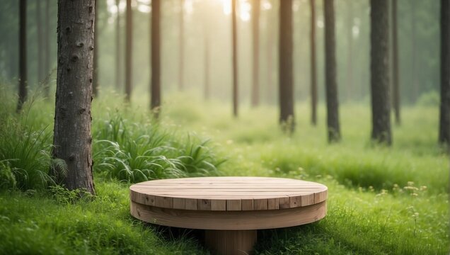 Round Wooden Podium Among Green Grass, Background Forest Hazy and Blurred, Copy Space	
